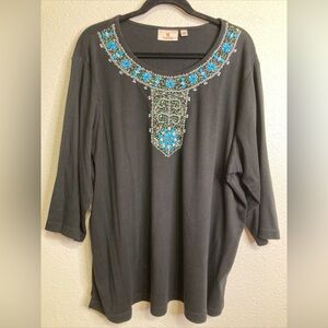 Quacker Factory 3X Shirt Top Black Turquoise Beaded Sequins 3/4 Sleeve